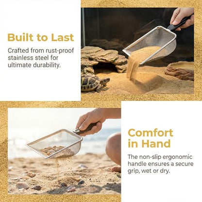 Hiceeden 4 Pcs Stainless Steel Small Mesh Scooper, Hamster Fine Sand Bath Scooper, Reptile Rabbit Litter Sand Waste Scoop, Beach Mesh Shovel for Shell Collecting, Shark Tooth Sifter, 1mm Hole