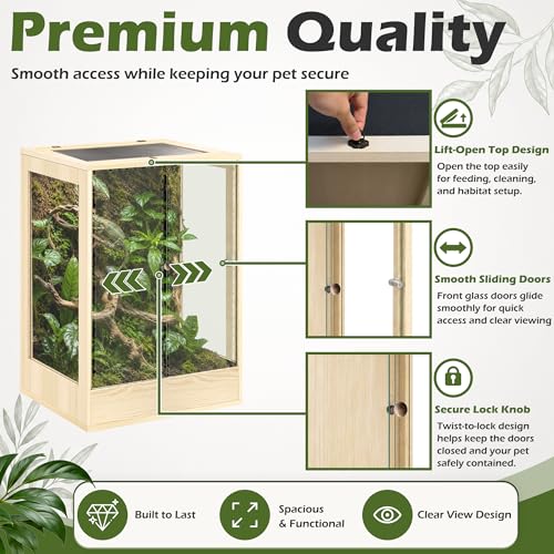 18" x 18" x 32" Tall Reptile Terrarium, 45 Gallon Glass Chameleon Cage, Vertical Crested Gecko Tank with Ventilated Mesh Top, Front Opening Rainforest Habitat, Oak - color: Oak, size: 18" L x 18" W x 32" H, 45 Gallon
