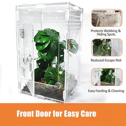 Acrylic Jumping Spider Enclosure Large 6”x6”x10” with Front Door, Arboreal Tarantula Enclosure, Praying Mantis Habitat for Spider, Mantis, Snail, Tarantula, Isopods, Beetles, Millipedes