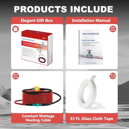 MAXKOSKO 55ft Heat Tape for Pipes with Thermostat Water Line Heating Cable | Pipe Heat Trace for Metal & Plastic Pipes Freeze Protection, On Below 38°F, Off Above 50°F, 120V 7W/ft - style: 55-feet