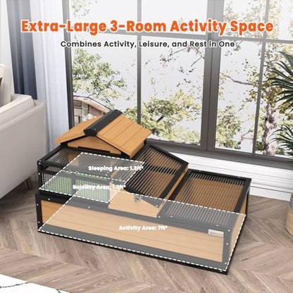 3-Room Large Tortoise Habitat with Pull-Out Tray, Wooden Tortoise Enclosure Indoor & Outdoor with Ramp, Grass Mat, Openable Roof, Luxurious Reptile Enclosure for Small Animals, Yellow