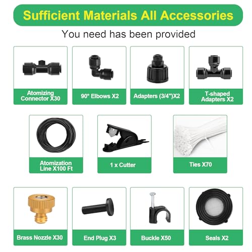 Misters System for Outside Patio,100 FT (30M) DIY Misting Cooling System+30 Brass Mist Nozzles+2 PE Adapters 3/4"+2 Tee Adapters+2 90 Degree Elbows,Garden Watering System for Greenhouse