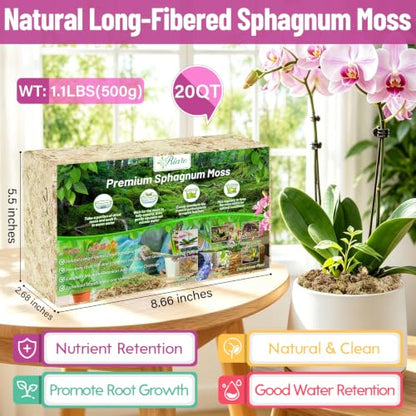 Riare 1.1LB Premium Sphagnum Moss for Plants- Natural Long Fiber Plant Moss | High Expansion, Moisture Retention & Drainage, Dried Orchid Moss for Succulent, Carnivorous, Ferns, Reptiles & Terrariums - size: 20QT/1.1lbs