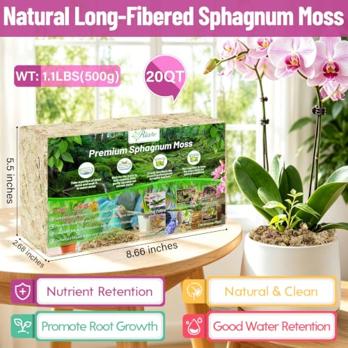 Riare 1.1LB Premium Sphagnum Moss for Plants- Natural Long Fiber Plant Moss | High Expansion, Moisture Retention & Drainage, Dried Orchid Moss for Succulent, Carnivorous, Ferns, Reptiles & Terrariums - size: 20QT/1.1lbs