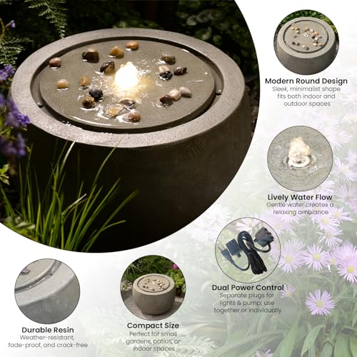 Tankana Garden Medium Water Fountain Outdoor Bubbler Water Feature Indoor with Lights & Pump and Pebbles Waterfall Fountains for Patio Deck Yard Home Decor Gray, 18 "L x 18" W x 11.5" H