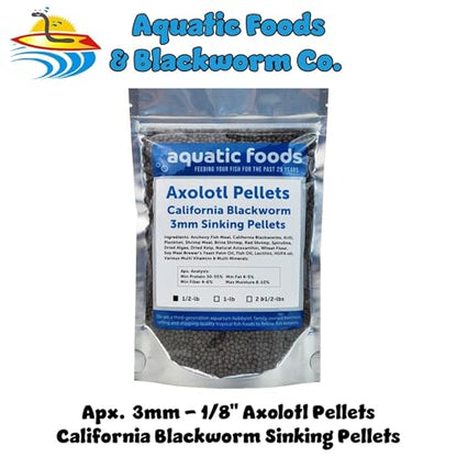 Axolotl Blackworm Pellets. 3mm-1/8 Sinking California Blackworm Medium Pellets for Medium/Large Axolotl, Frogs, Shrimp, Salamanders, Newts, Snails…1/2-lb Pouch Bag - size: 8 Ounce (Pack of 1)
