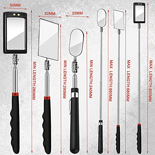 3 Pieces Telescoping Inspection Mirror Round Square Mirror Inspection Tool for Checking Vehicle, Observing Eyelashes Mouth and Other Small Parts(Extended, with Light, Oval Style) - style: Extended, With Light, Oval