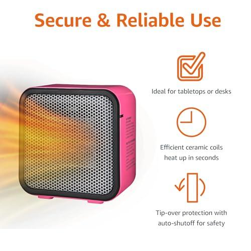 Amazon Basics Ceramic Space Heater, Portable Mini Heater for Office Desk, Indoor Use, 500W, With Tip-Over Protection, Lightweight 1.4 lbs, Pink, 5.9 x 3.2 x 6 inches (Pack of 10) - color: زهري