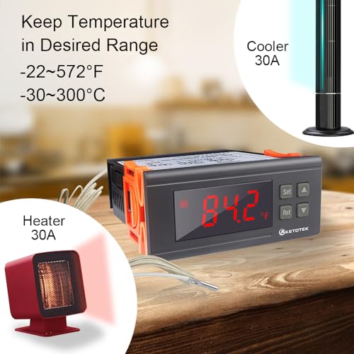 KETOTEK KT8230 Digital Temperature Controller Thermostat Regulator | 120VAC 30A, Fahrenheit -22~572℉, Heating Cooling, For Incubator Brooder Refrigerator Fermenter Greenhouse Reptile