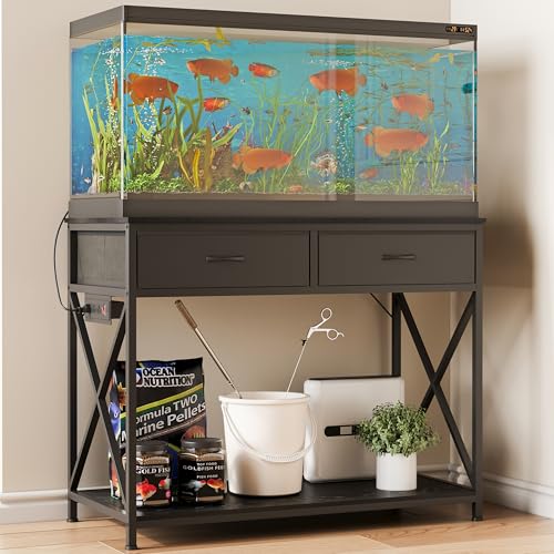 40-50 Gallon Fish Tank Stand，Aquarium Holder with Power Outlet and 2 Drawers，Heavy Duty Breeder Turtle Terrarium Stand Suitable for Turtle Tank, Reptile Terrarium, for Home Office (Black) | 40 Gallon Fish Tank Stand with Strudy Steel Frame,Heavy Duty Terr