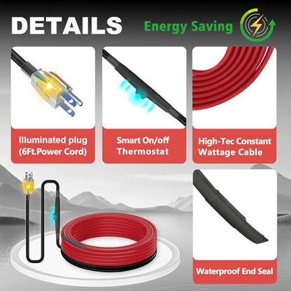 MAXKOSKO 28ft Heat Tape for Pipes with Thermostat Water Line Heating Cable | Pipe Heat Trace for Metal & Plastic Pipes Freeze Protection, On Below 38°F, Off Above 50°F, 120V 7W/ft - style: 28-feet