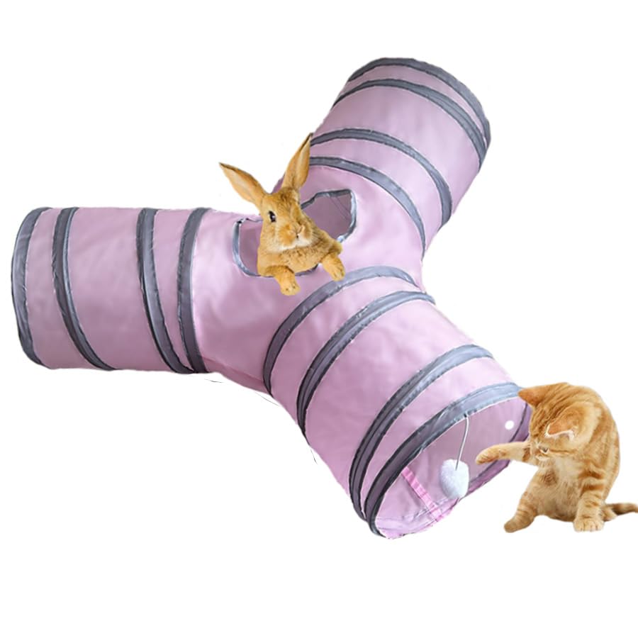 3-Way Collapsible Cat Tunnel Tube Toy Pink — Interactive Play Tunnel with Hanging Ball & Peek Hole for Indoor Cats, Kittens, Puppies & Rabbits | Hours of Fun & Exercise - color: Pink
