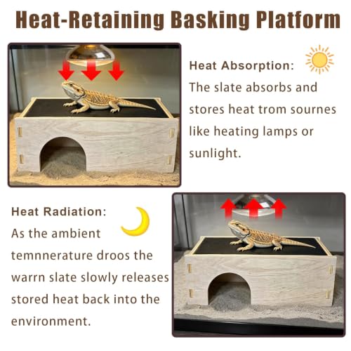Bearded Dragon Basking Platform,Wooden Reptile Hides Cave with Basking Rock | Crested Gecko Hideout with Slate Rock Tank Accessories for Lizard Snake Tortoise