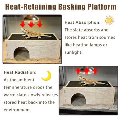 Bearded Dragon Basking Platform,Wooden Reptile Hides Cave with Basking Rock | Crested Gecko Hideout with Slate Rock Tank Accessories for Lizard Snake Tortoise