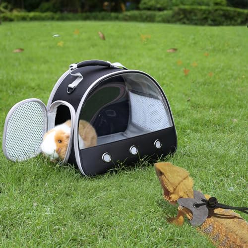 Leopard Gecko Portable Carrier with Leather Harness and Leash Set,Small Animal Travel Cage with Transparent Window,Lizard Carrier for Hamster Rabbit Gerbil Hedgehog Sugar Glider - color: Black