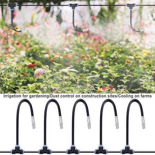 5Packs Brass Misting Nozzles Tee with 20inch Built in Hose 360° Rotation | Adjustable Water Mister Nozzles Thread Sprayer for Outdoor Cooling System 0.043" (1.1 mm) - size: 1 Way - 20inch Hose