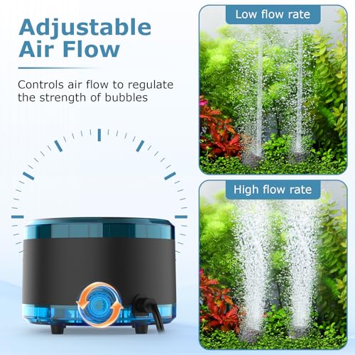 hygger Aquarium Air Pump Dual Outlet, Quiet Powerful Fish Tank Aerator 4W/8W, Adjustable Oxygen Pump with Air Stone, Bubbler for Fish Tank Up to 200 Gallon - size: 4W (Up to 120 Gallon)