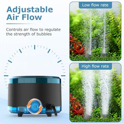 hygger Aquarium Air Pump Dual Outlet, Quiet Powerful Fish Tank Aerator 4W/8W, Adjustable Oxygen Pump with Air Stone, Bubbler for Fish Tank Up to 200 Gallon - size: 4W (Up to 120 Gallon)