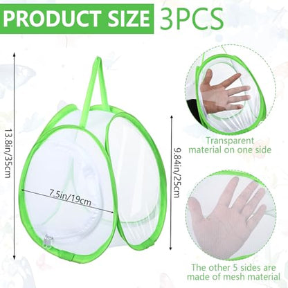 3 PCS Mini Butterfly Habitat Cage Foldable Insect Mesh Cage with Handle & Zipper Portable Butterfly Net Habitat Bug Terrarium for Transporting and Raising Critter Cage Easy to Observe, 10x 8.8x8Inch
