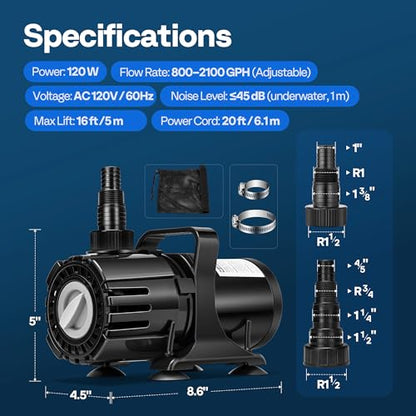 VIVOHOME 120W Pond Pump, 800-2100GPH Adjustable Flow Submersible Water Pump | Stepless Flow Control, 16ft Max Lift, 180° Seamless Adjustable Nozzle, Barrier Pump Bag, 20ft Power Cord - size: 800-2100GPH