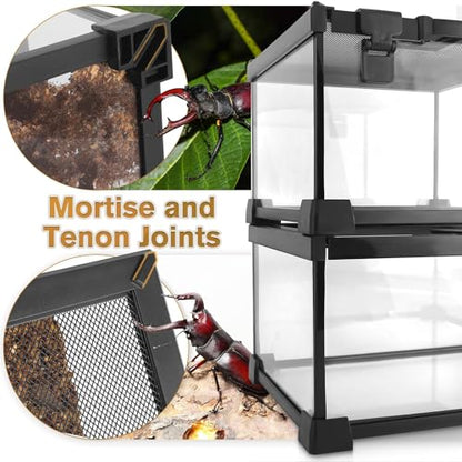 20"x12"x10" Reptile Terrarium, Escape-Proof Glass Terrestrial Vivarium for Small Desert Reptiles Such as Leopard Geckos, with Escape-Proof Lock & Feeding Hatch - size: 20"D x 12"W x 10"H
