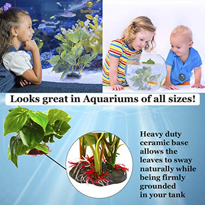 SunGrow Plastic Leaf Plant, Heavy-Duty Ceramic Base, Hiding Spot for Fish, Betta, Angelfish, Gold Fish, Frog, Python, Reptiles, Amphibians (10 Inches, 1 Count) - size: 10 Inches