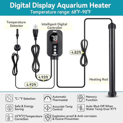 hygger Marine Aquarium Heater 200W,Titanium Heater with Digital LED Controller & Temperature Probe,Submersible Fish Tank Heater with Temperature Calibration,for Saltwater Freshwater Tank 30-40Gallon - size: 200W for 30-40 Gallon