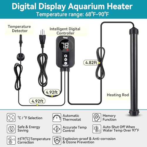 hygger Aquarium Heater 300W,Titanium Heater with Digital LED Controller and Temperature Probe,Submersible Fish Tank Heater with Temperature Calibration,for Saltwater & Freshwater Fish Tank 50-60Gallon - size: 300W for 50-60 Gallon