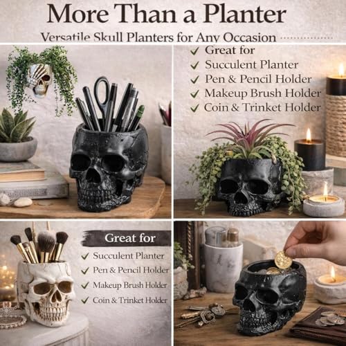 Resin Air Plant Holders,Tilandsia Container,Gothic Skeleton Planter,Halloween Plant Pot,Tillandsia Pot, Skull Table Top Display Planters for Air Plants and Other (3.9 * 5.5 * 3.2'',Black) - size: 3.9*5.5*3.2'',Black
