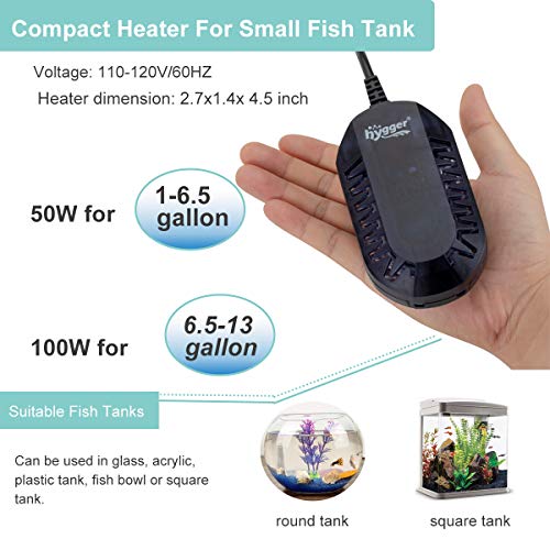 hygger 100W Mini Submersible Digital Display Aquarium Heater for Small Fish Tank, Compact and Fast Heating Thermostat, with External Controller and Built-in Thermometer, for Betta, Turtle - size: 100W (6.5-13 gallon)