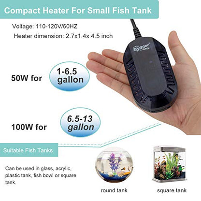 hygger 100W Mini Submersible Digital Display Aquarium Heater for Small Fish Tank, Compact and Fast Heating Thermostat, with External Controller and Built-in Thermometer, for Betta, Turtle - size: 100W (6.5-13 gallon)