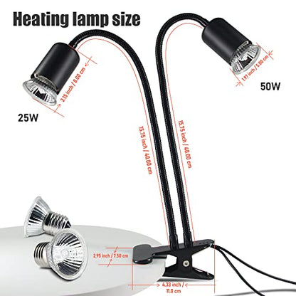 TFNN Reptile Heat Lamp, Double-Head Heat Lamp with Clamp, UVA UVB Reptile Light with Intelligent Cycle Timer for Turtle, Bearded Dragon, Lizard and More, 2 Bulbs 25W+50W