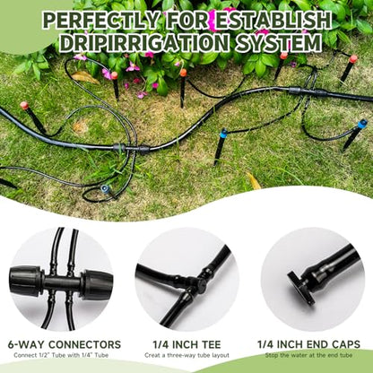 100FT 1/4 Inch Drip Irrigation kit Tubing Distribution Hose Tube for Garden Drip Irrigation System (Includes 2 Pack 6-Way Connector and 20pcs 1/4" Tee Splitters and End Plugs) - size: 100FT 1/4" Distribution tube