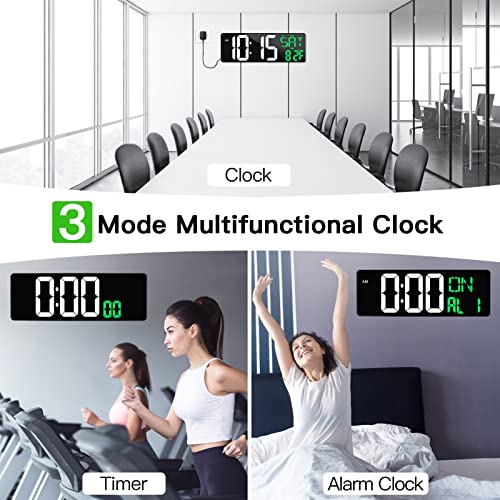 17" Large Digital Wall Clock with Remote, Auto Dimmer, Date Temp, Timer | Large clear display, Snooze function, Count up and down timer, Suitable for Living Room, Office, Gym Indoor Spaces - color: Green + White