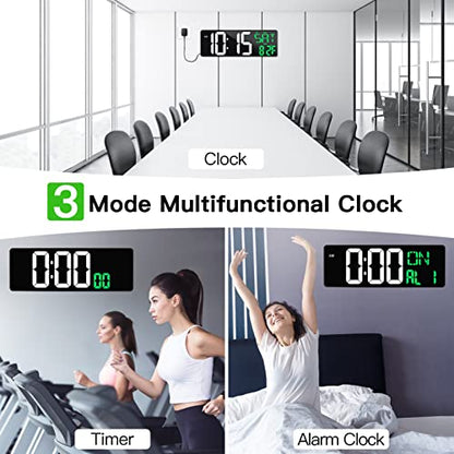17" Large Digital Wall Clock with Remote, Auto Dimmer, Date Temp, Timer | Large clear display, Snooze function, Count up and down timer, Suitable for Living Room, Office, Gym Indoor Spaces - color: Green + White