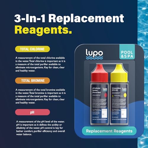 Lupo 3-in-1 Pool Test Kit Replacement Reagents | Refill Reagents for Residential Swimming Pools & Spas | Total Chlorine, Total Bromine & pH Testing | Lupo Global LP-RB-01-US - size: Refill Solutions
