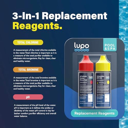 Lupo 3-in-1 Pool Test Kit Replacement Reagents | Refill Reagents for Residential Swimming Pools & Spas | Total Chlorine, Total Bromine & pH Testing | Lupo Global LP-RB-01-US - size: Refill Solutions