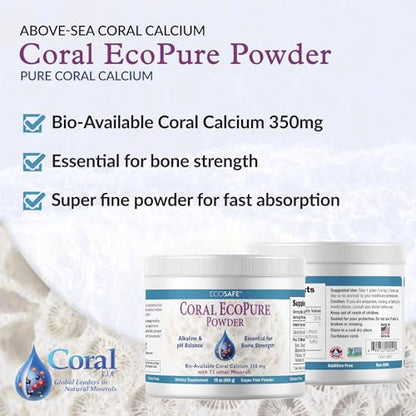 Coral Calcium Powder, Ecopure Calcium Supplement, 16 Ounces | Ancient Seabed Coral Calcium Powder; Supports Bone Health; 72+ Trace Minerals; Easy to Mix Powder; manufactured in the USA - size: 16 Ounce (Pack of 1)
