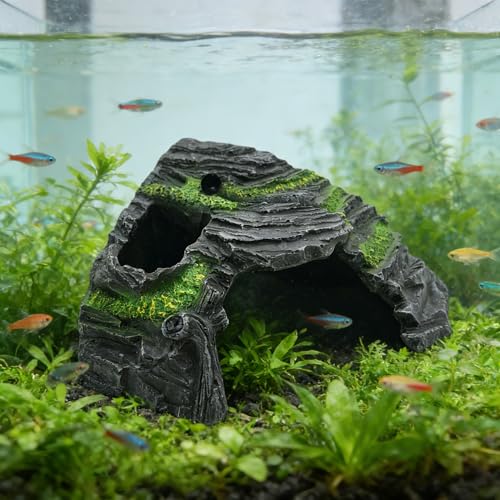 M2cbridge Aquarium Fish Hide Cave Reptile Hideout Amphibians Habitat Island | Natural color careful craft, resting spot, solid and sturdy, water dish - style: Island+ Water Dish