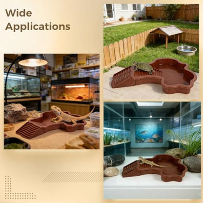 Tortoise Water Dish with Ramp, 13.8 in Large Reptile Bathing Pool, Aquarium Soaking Tray, Red Brown ABS Turtle Bowl for Amphibians, Easy Clean
