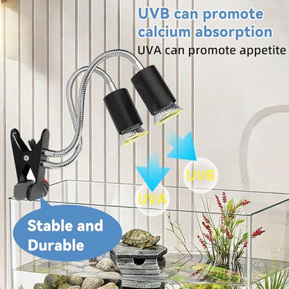 BNOSDM Reptile Heat Lamp, Dual-Head UVA UVB Light for Aquarium Turtle Tank, Reptile Lamp Fixture with 2*50W Basking Light and 360° Rotatable Timing & Dimming, Tortoise Heat Lamp for Lizard Snake Chick - color: Dual-head Black