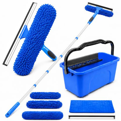 2-in-1 Window Cleaning Kit with Bucket, Extension Pole & Squeegee | 86-in pole, 3-gal bucket, reusable pads & rotating head for high windows, outdoor glass, mirrors, cars & solar panels