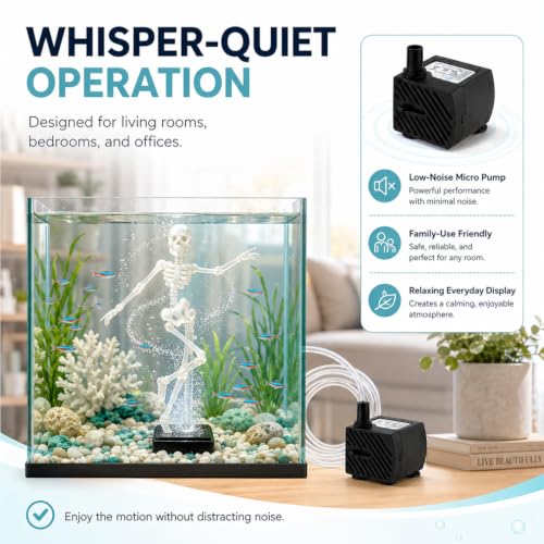 Dancing Skeleton Aquarium Bubbler with Quiet Air Pump, Complete Fish Tank Bubbler Decorations Kit, Adjustable 3D Printed Skeleton Fish Decor for Family-Use，Without Pump