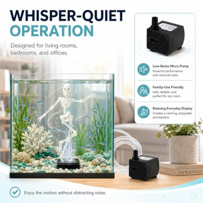 Dancing Skeleton Aquarium Bubbler with Quiet Air Pump, Complete Fish Tank Bubbler Decorations Kit, Adjustable 3D Printed Skeleton Fish Decor for Family-Use，Without Pump