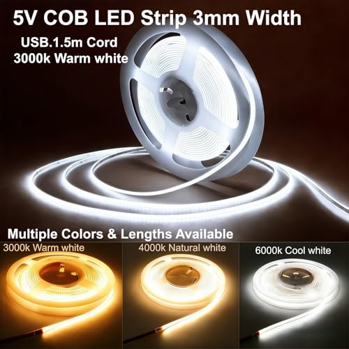 Ultra-Narrow 3mm USB-C COB LED Strip Lights Self-Adhesive, for Kitchen Cabinets, Bedroom, Gaming Desk (6000k Cool White, 4ft) - color: 6000k Cool white, size: 4ft