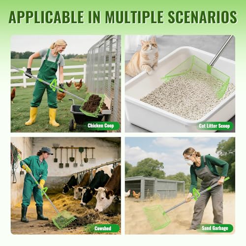 2-in-1 Chicken Coop Scooper: Extra Large 12” Poop Scooper & Rake with Adjustable Handle (37”-65”) | Heavy-Duty Metal Shovel for Quick Pet Waste, Rabbit, Guinea, Barn Cleaning | US Patent Pending,Green - color: Green