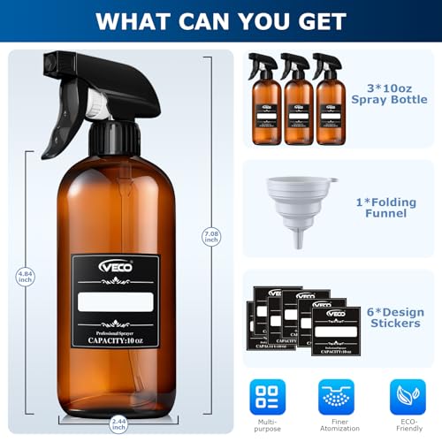 Veco 10oz Spray Bottle with Adjustable Nozzle, 360° Water Spray Bottles for Cleaning Solution, Plastic Spray Bottles for Hair Cooking Plant Pet, No Leak and Clog (3 Pack & Foldable Funnel), Brown - size: 10 oz 3Pack
