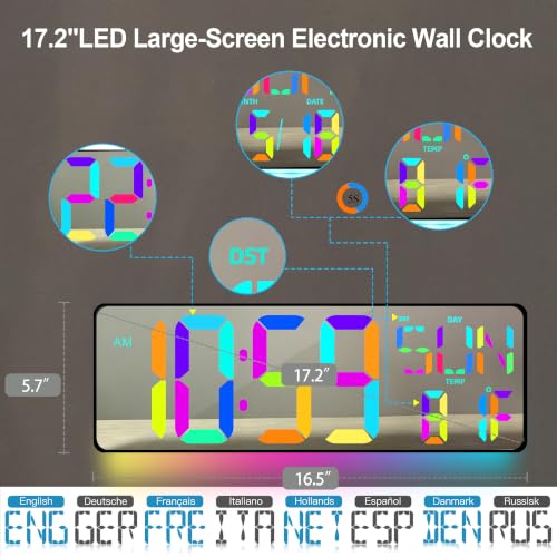 17.2 Inch Large Digital Wall Clock with Remote Control, Extra Large LED Display Wall Clock with Auto Dimming, Date Day Temperature, Countdown Timer, Alarm Clock for Gym Office Classroom (RGB) - color: Rgb