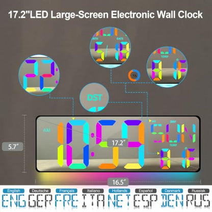 17.2 Inch Large Digital Wall Clock with Remote Control, Extra Large LED Display Wall Clock with Auto Dimming, Date Day Temperature, Countdown Timer, Alarm Clock for Gym Office Classroom (RGB) - color: Rgb