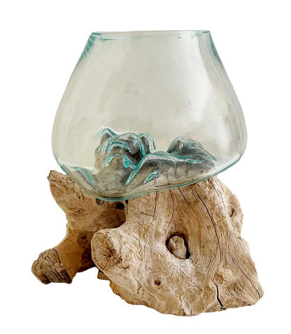 OMA Molten Glass on Driftwood – Hand Blown Vase, Terrarium, or Planter Centerpiece for Coastal & Boho Home Décor (7" – 9" High) - size: 7" - 9" High